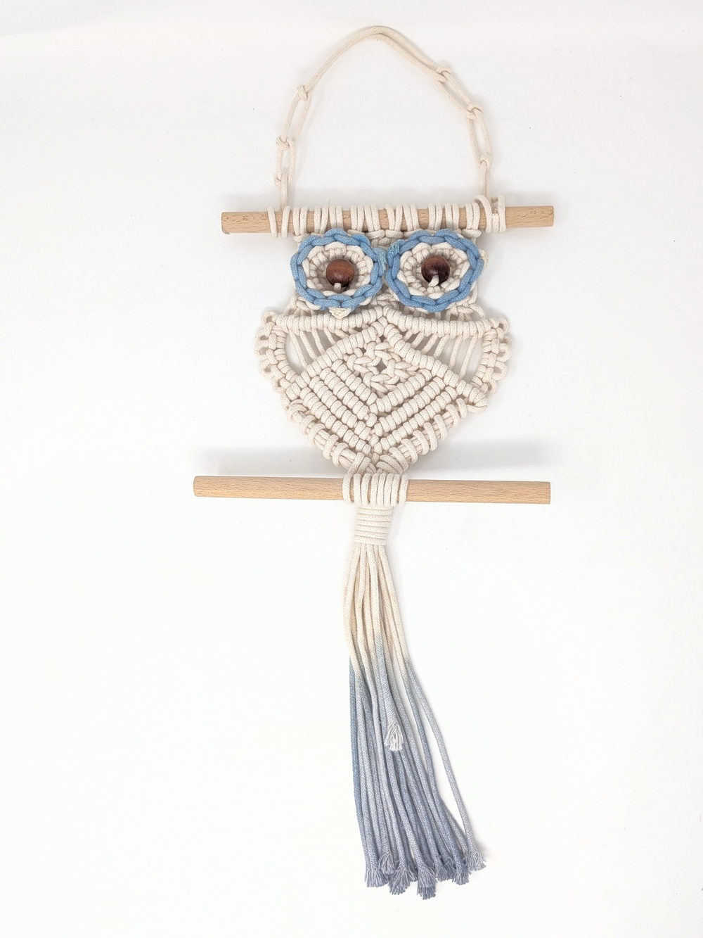 Handmade Crochet Macramé Owl Wall Hanging in Cream and Blue